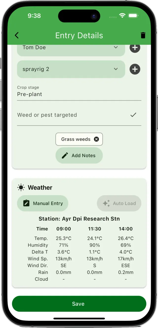 Spraybook weather conditions screen for a spray record