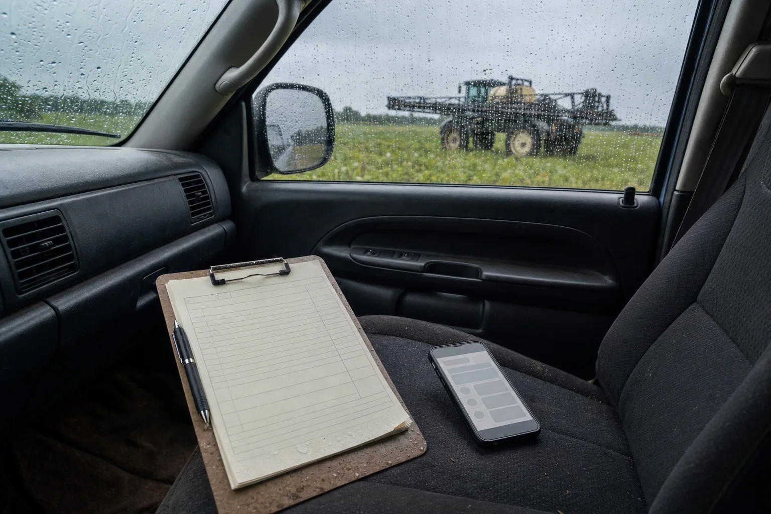 Water-speckled paper spray-record forms and a rugged smartphone resting inside a farm pickup during light rain, with a parked sprayer outside